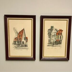 Vintage Quebec City Architectural Art Prints 
Signed 1965 Framed Pair